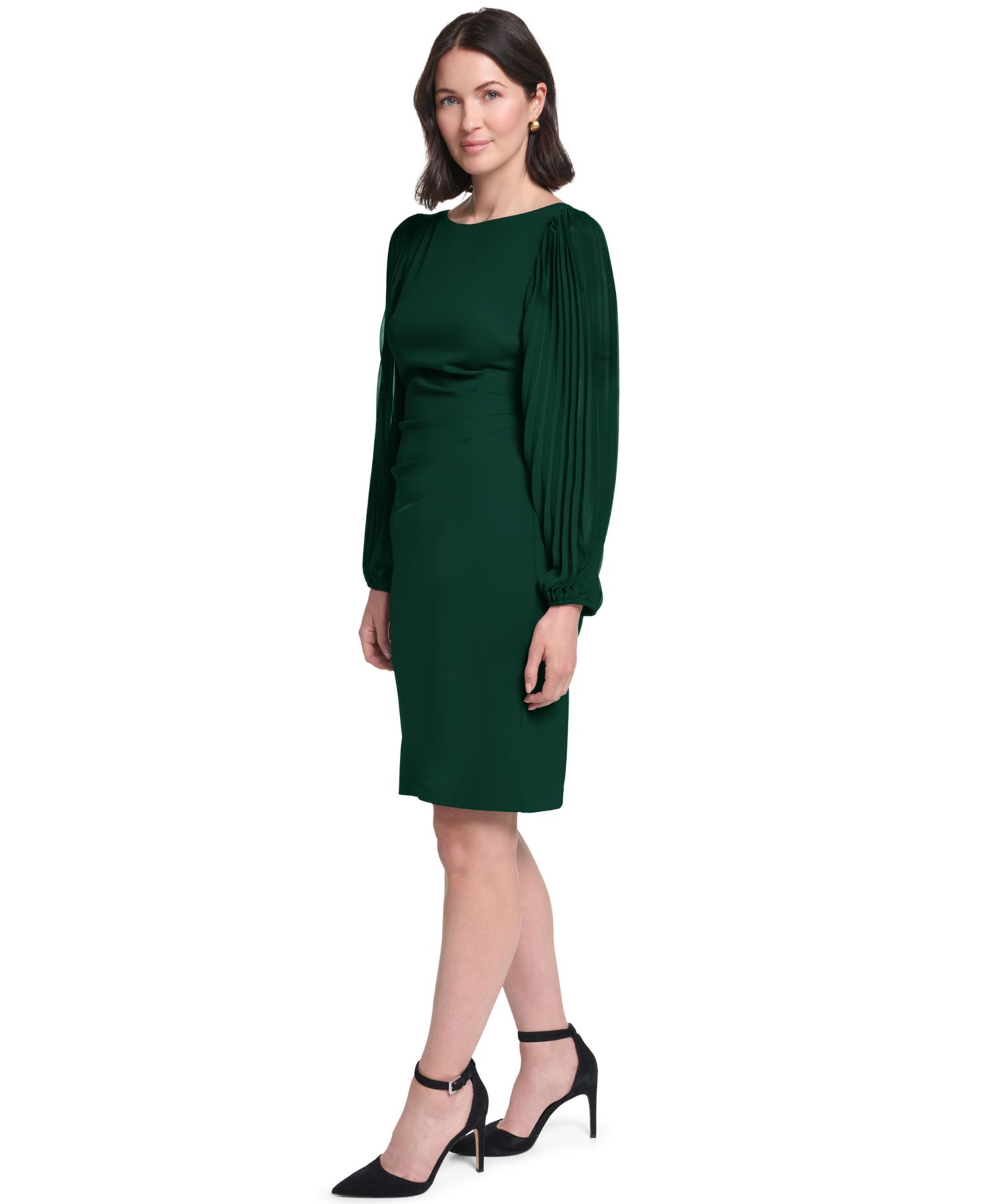 Petite Pleated Sleeve Side Tuck Dress