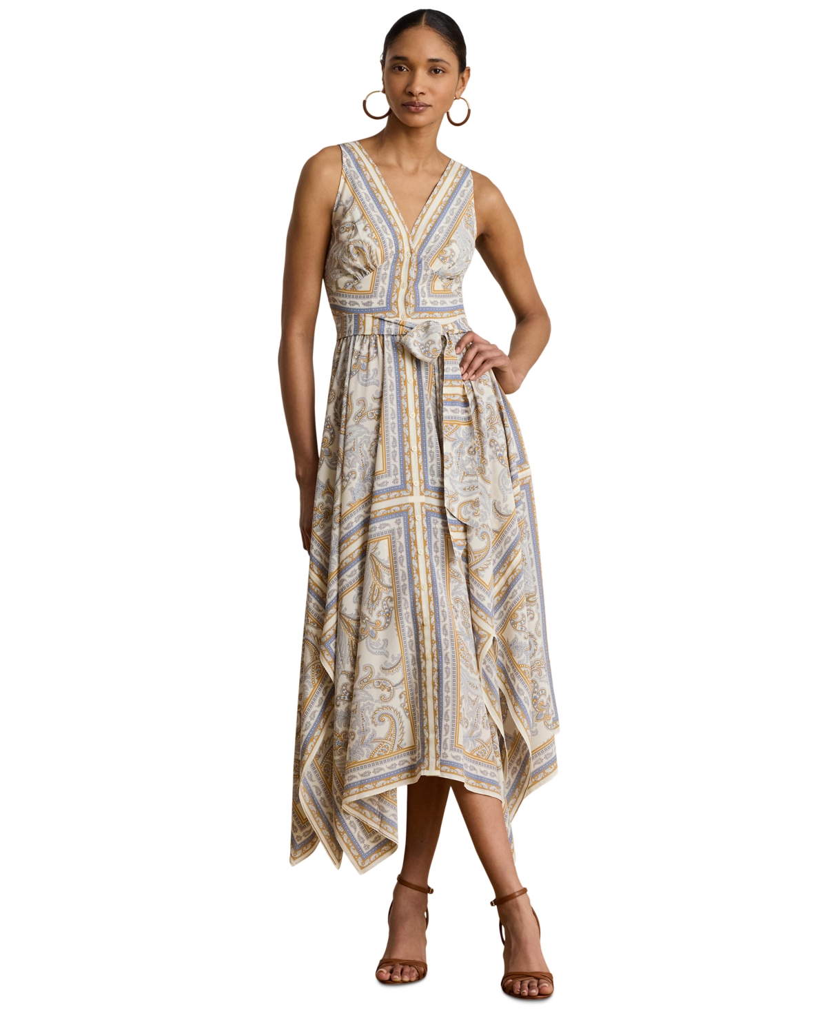 Lauren Ralph Women's Sleeveless Handkerchief Hem Midi Dress