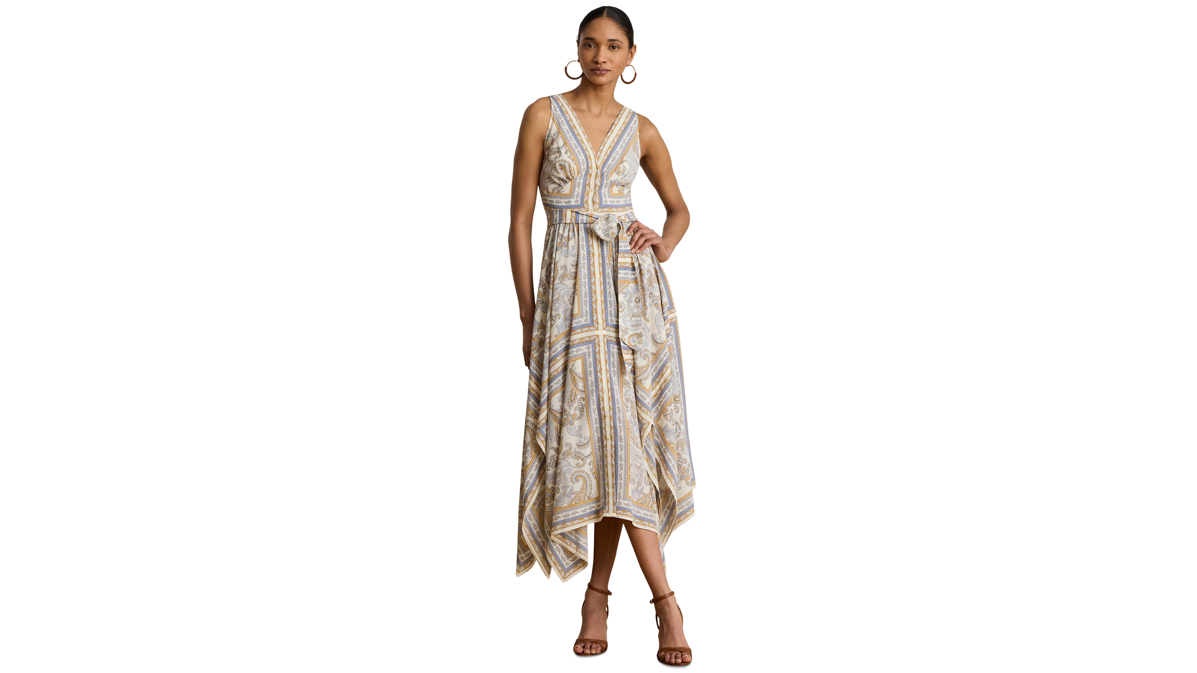 Lauren Ralph Women's Sleeveless Handkerchief Hem Midi Dress