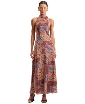 Women's Printed Satin Bias-Cut Halter Maxi Dress
