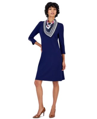 Petite Serenity Knit Combo A-Line 3/4-Sleeve Dress with Neck Scarf
