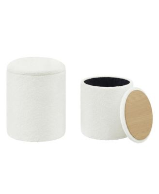 Round Storage Ottoman Set of 2, Teddy Fleece, Reversible Lid