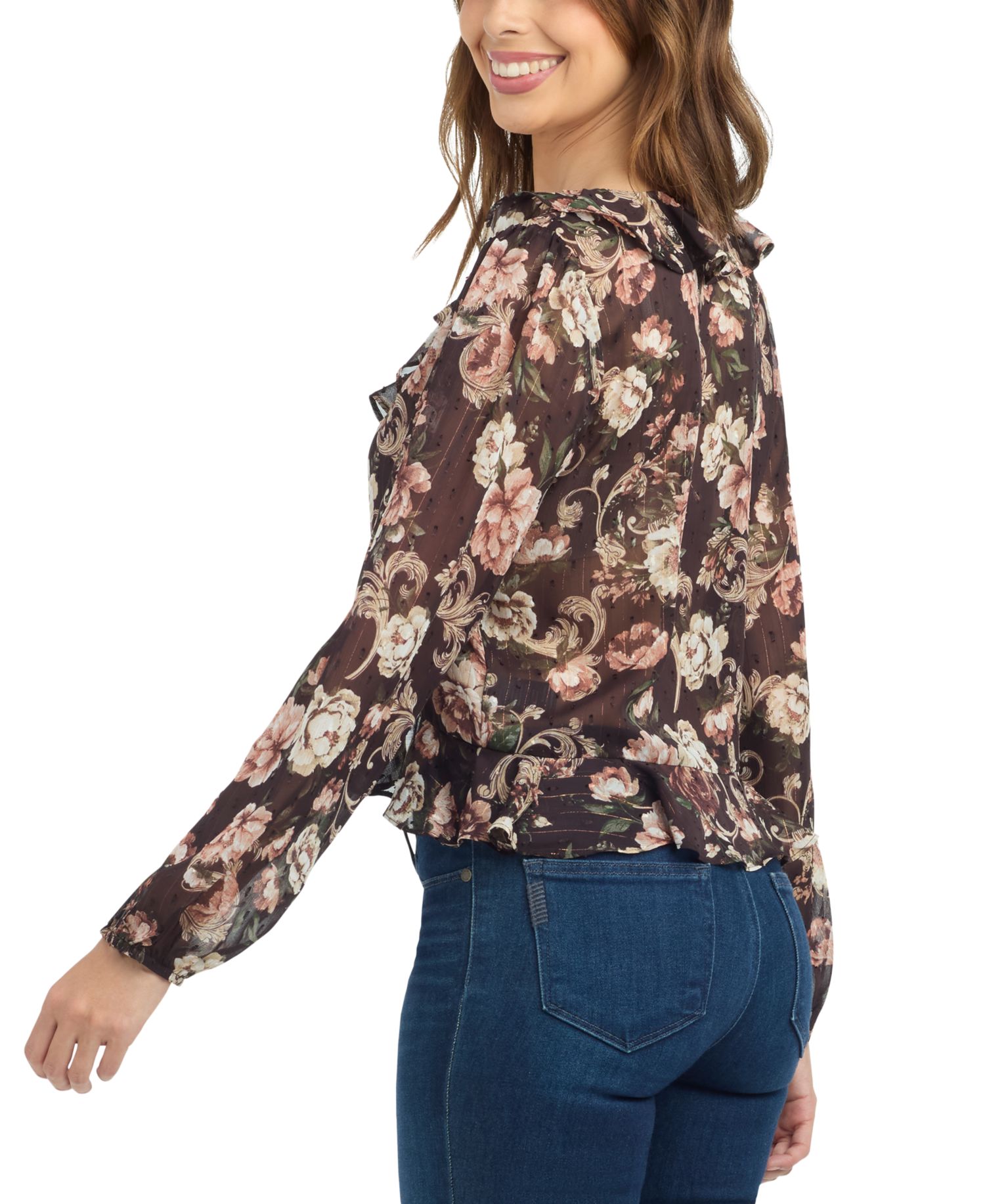 Juniors' Sheer Floral Chiffon Long-Sleeve Blouse