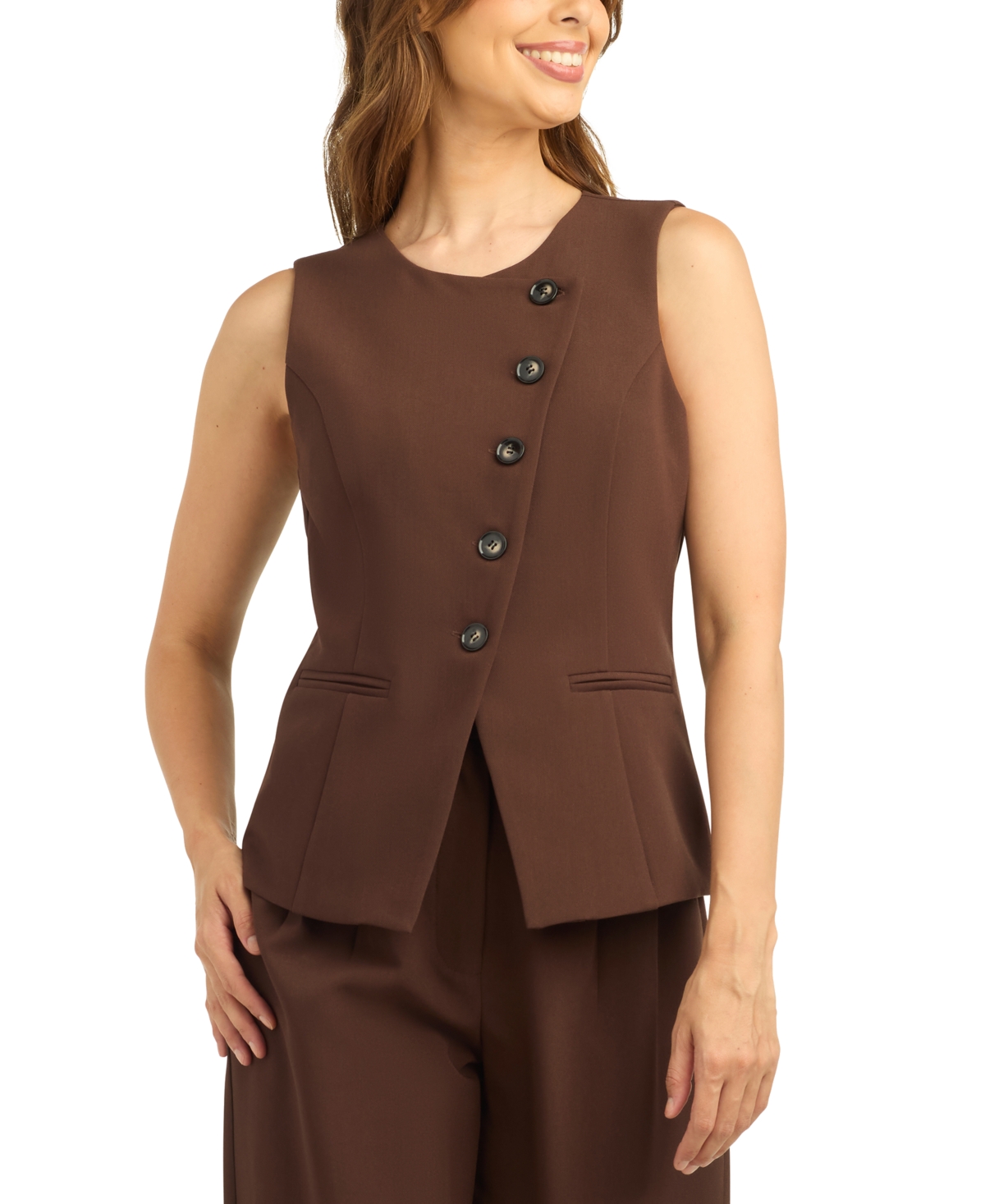Bcx Juniors' Asymmetrical Soft Stretch Twill Vest In Chocolate