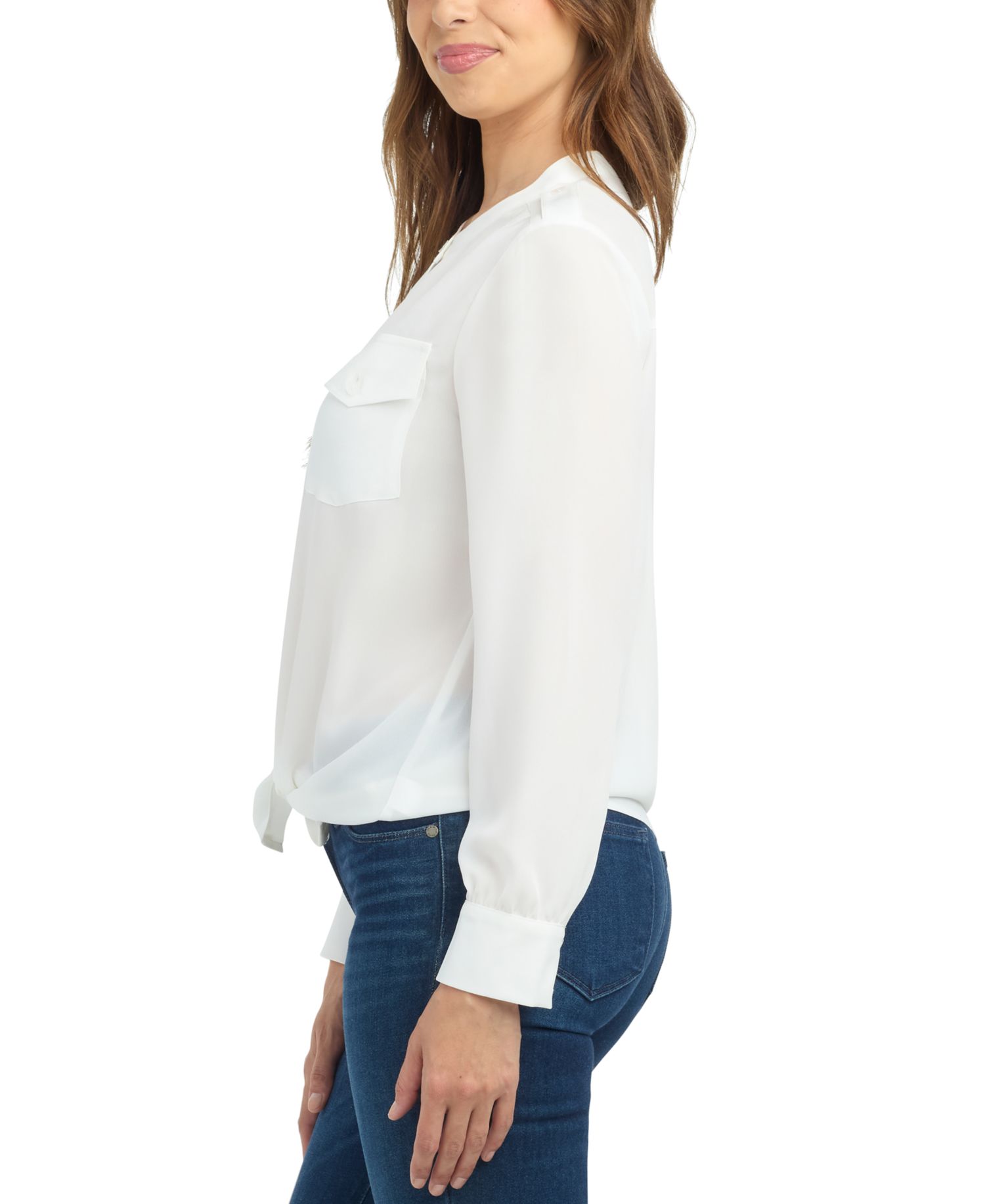 Juniors' Tie Front Long Sleeve Dobby Blouse