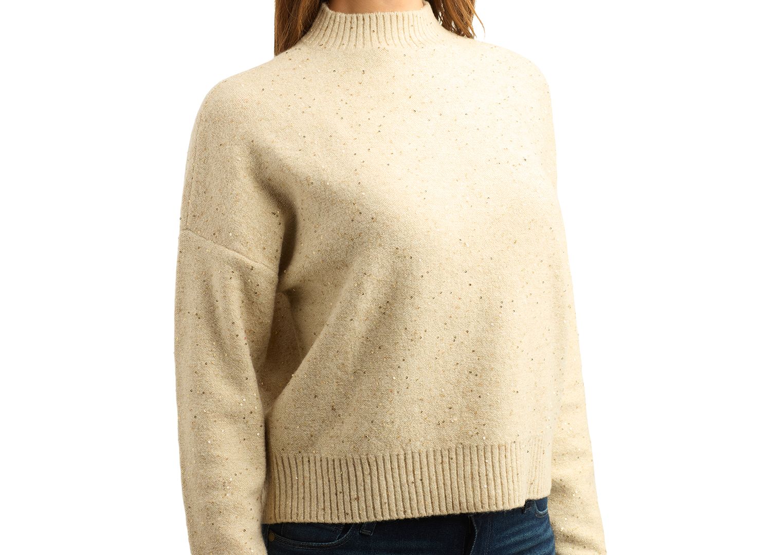 Juniors' Mock Neck Long-Sleeve Metallic Sweater