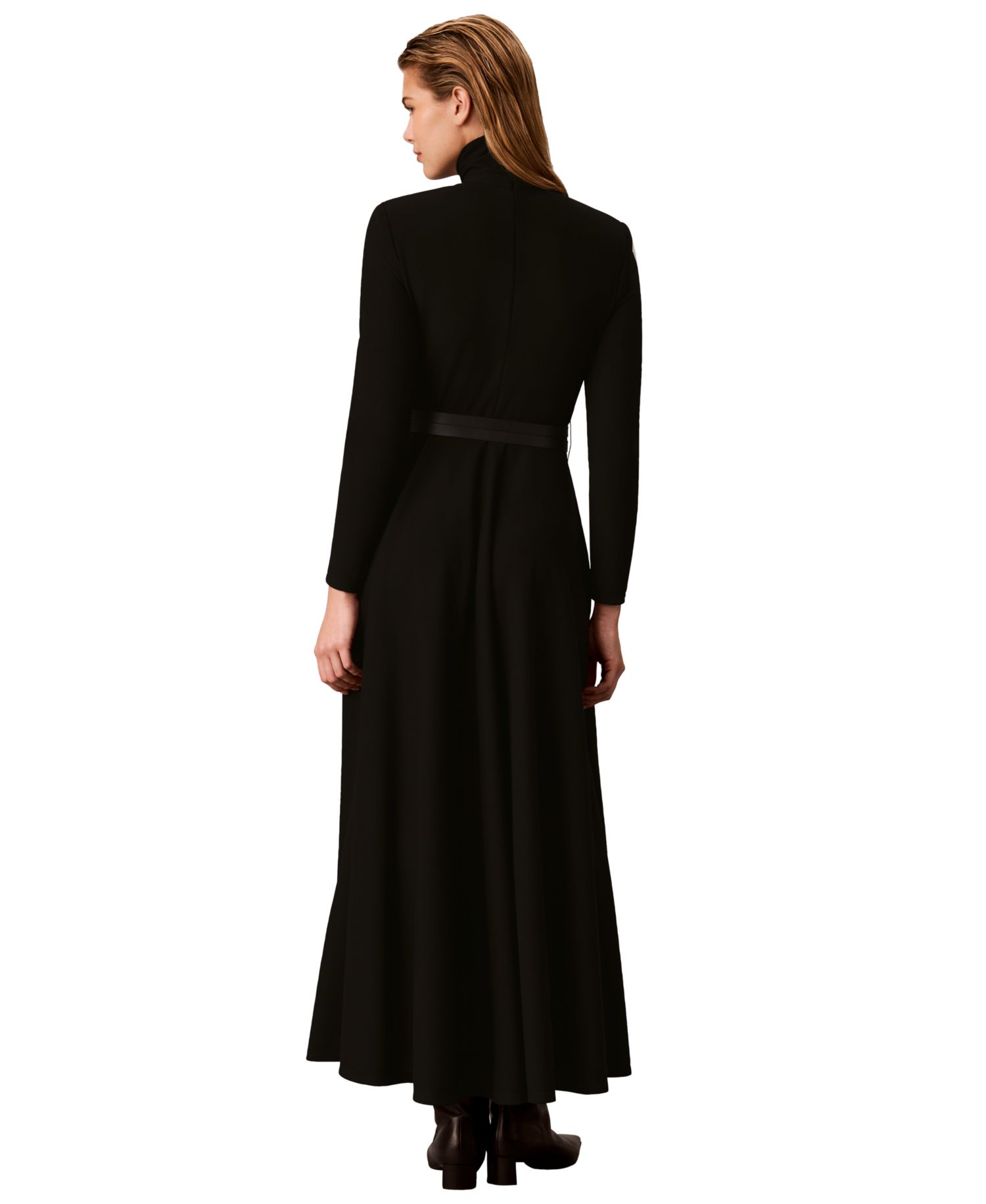 Petite Belted Long-Sleeve Turtleneck A-Line Dress