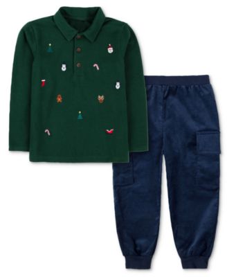 Boys' and Girls' Long-Sleeve Christmas-Themed Polo Shirt and Cargo Jogger Pants, 2-Piece Set
