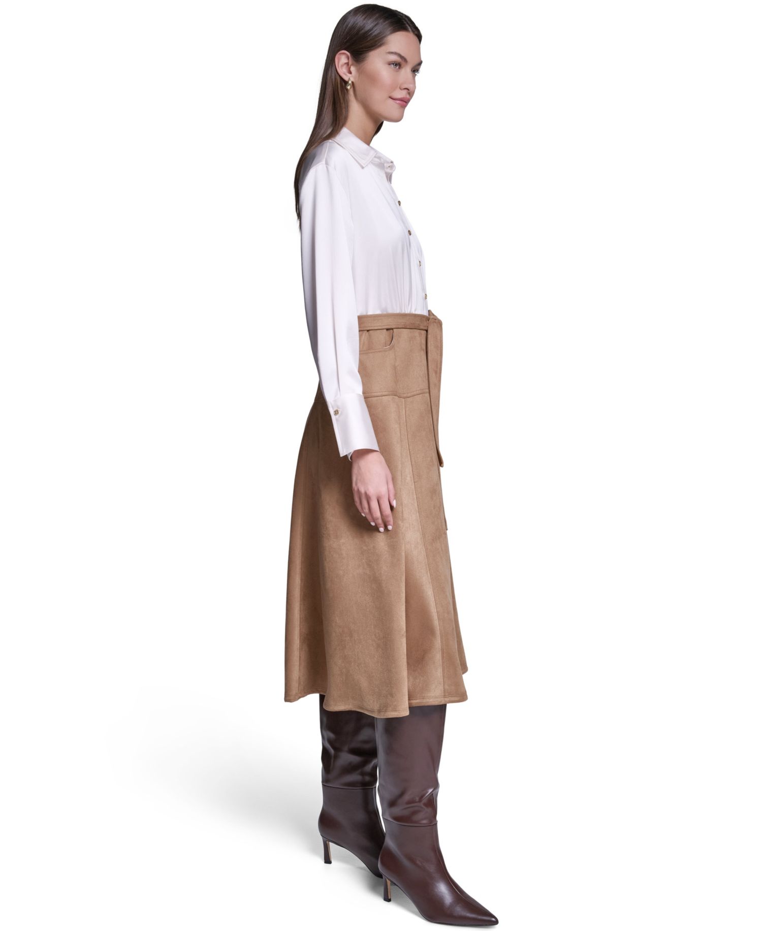 Women's Colorblock A-Line Long-Sleeve Satin & Suede Midi Shirt Dress