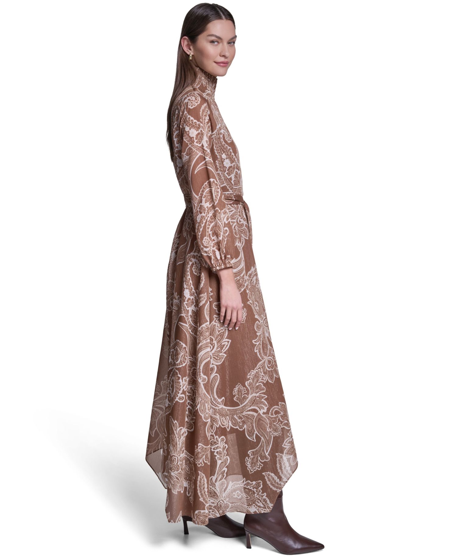 Women's Paisley-Printed Long-Sleeve Chiffon Midi Dress