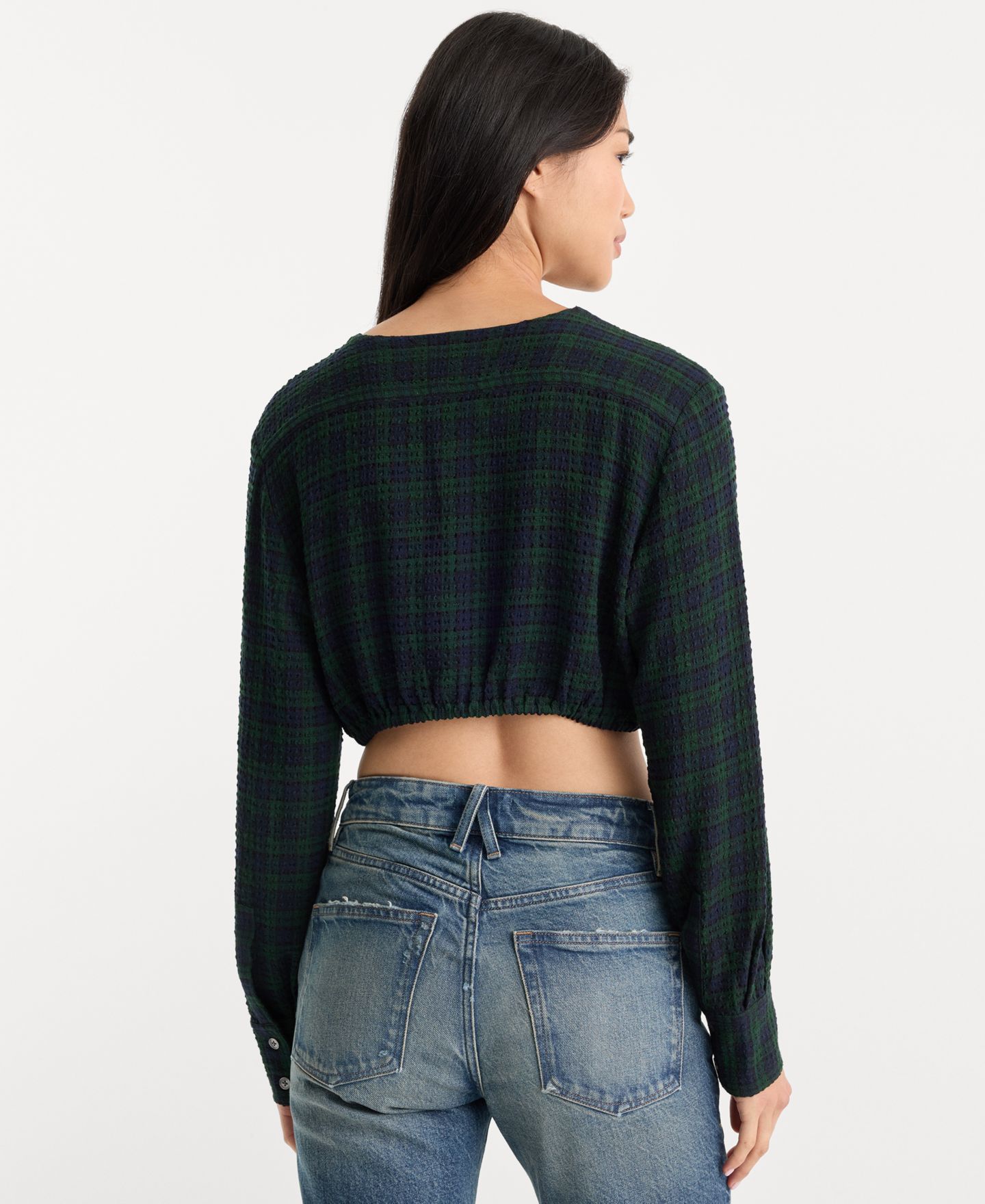 Женская блузка Good American Crinkle Cinched Plaid Long-Sleeve, цвет: Тёмно-зелёный клетчатый — фото 5