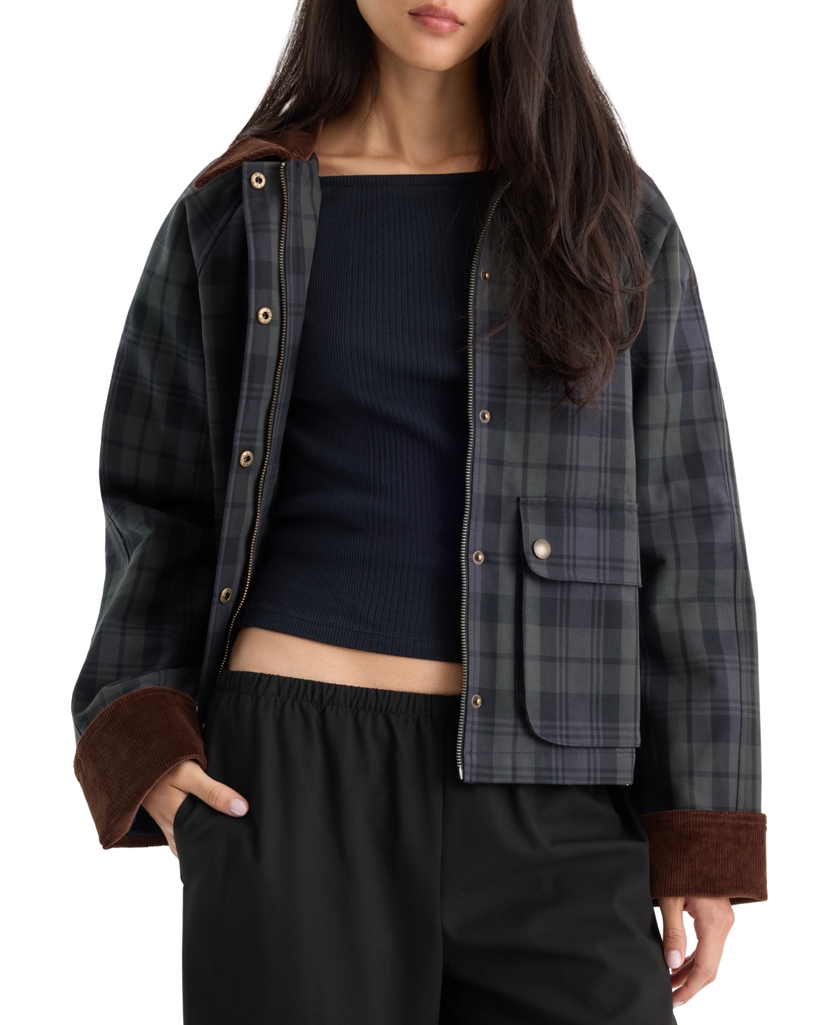 Good American Women's Collared Cotton Barn Jacket - Navy And Green Plaid