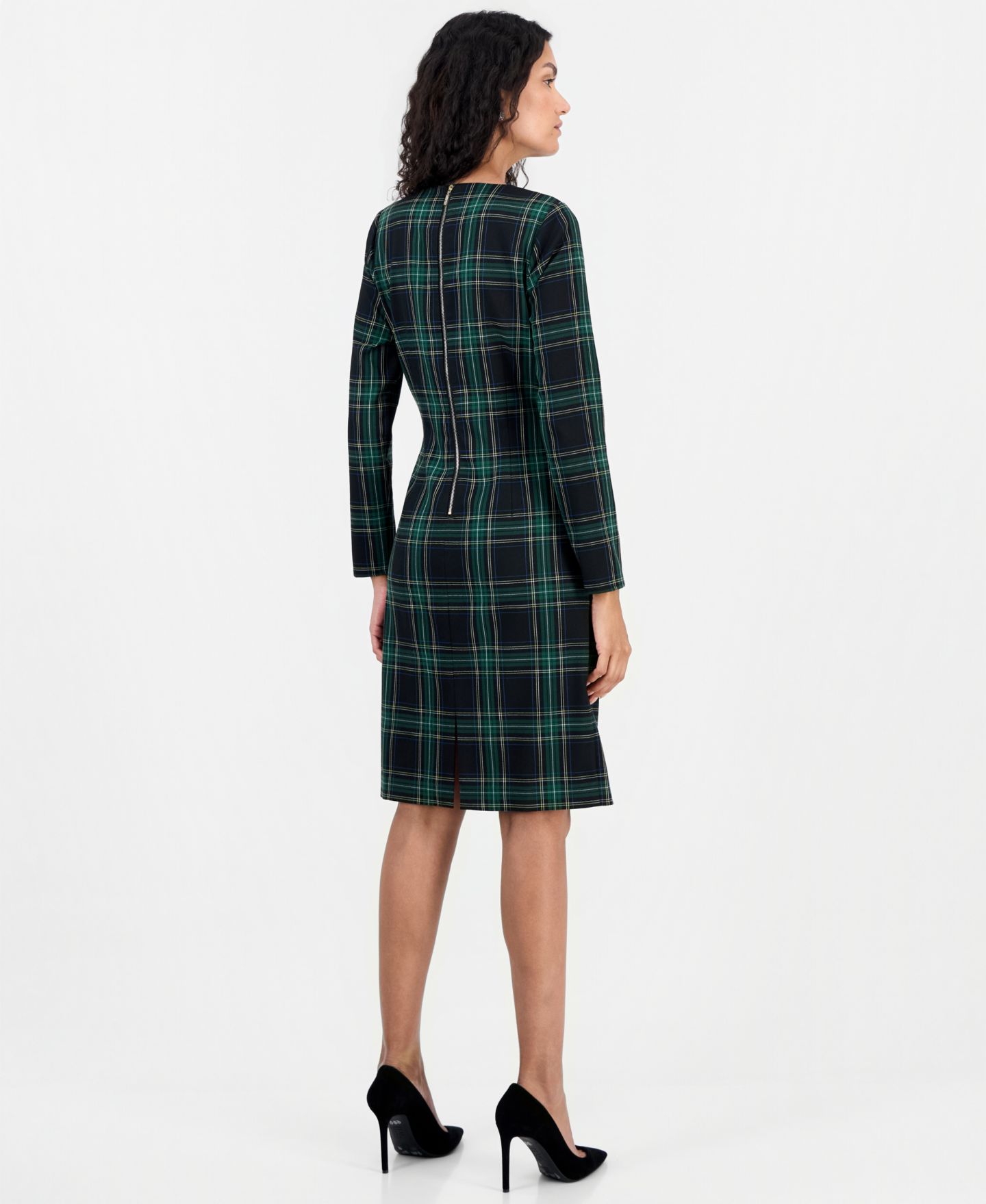 Женское платье Tahari ASL Long-Sleeve Scoop Neck Plaid, цвет: Зимний сосновый чёрный — фото 3