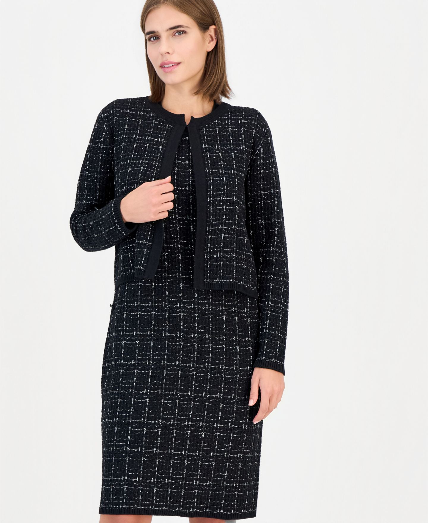 Женские болеро Anne Klein Kissing Front Tweed Cropped Shrug, цвет: Чёрный — фото 4