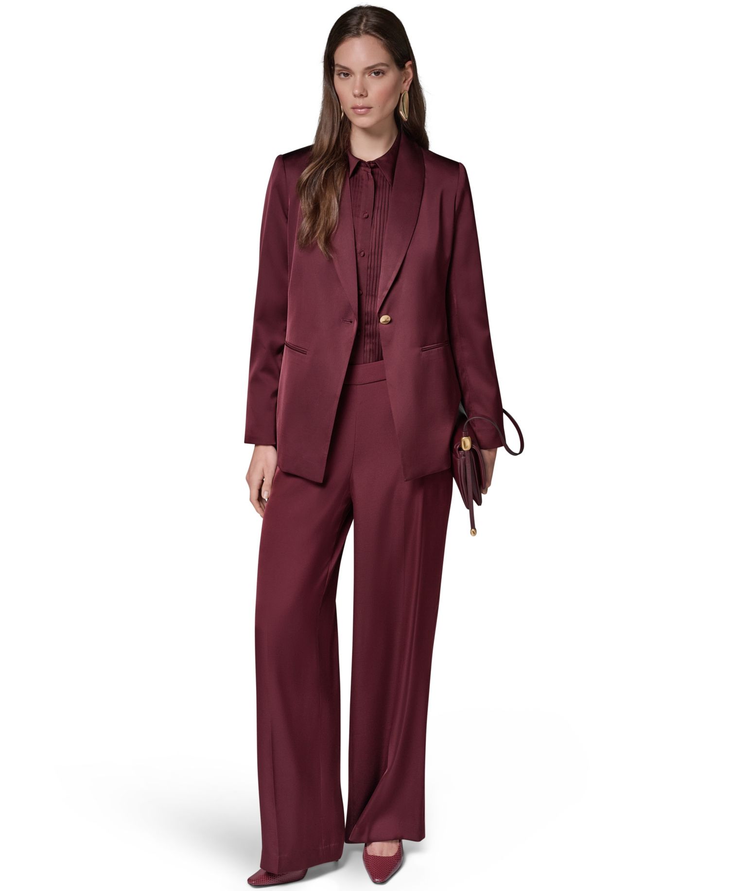 Petite Satin Shawl Lapel Shoulder-Padded Blazer