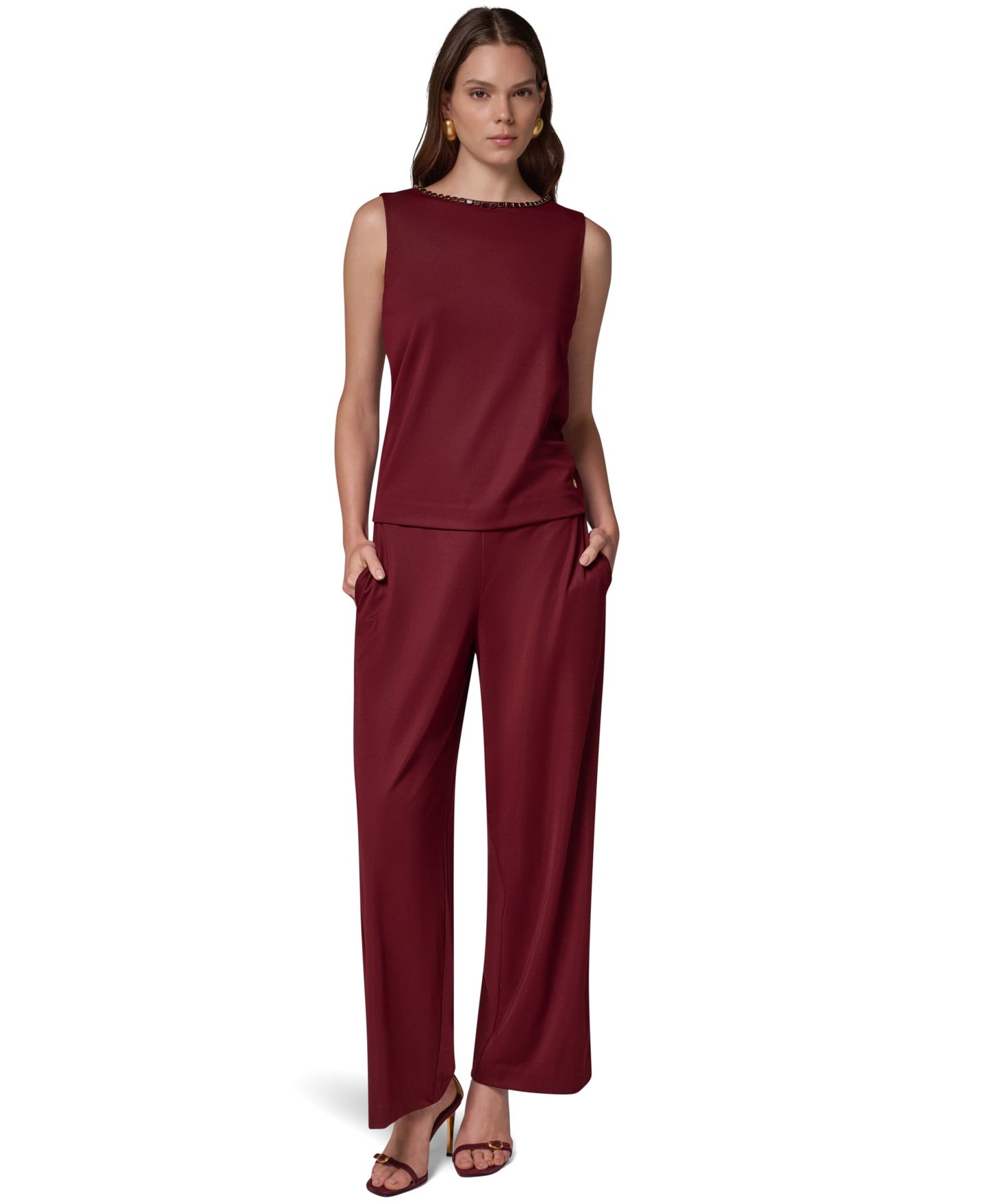 Женский топ на бретелях Donna Karan New York с бисером и вырезом-лодочка, без рукавов, цвет: Чёрный вишнёвый — фото 2