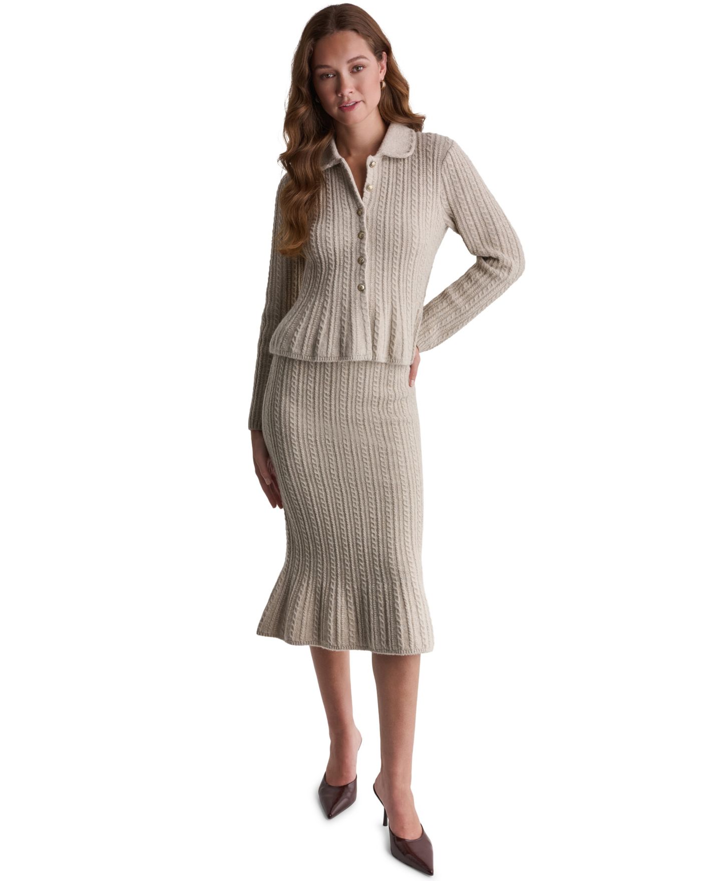 Женская юбка BCBG High-Waisted Cable-Knit Midi, цвет: Меланжевый овсяный — фото 6