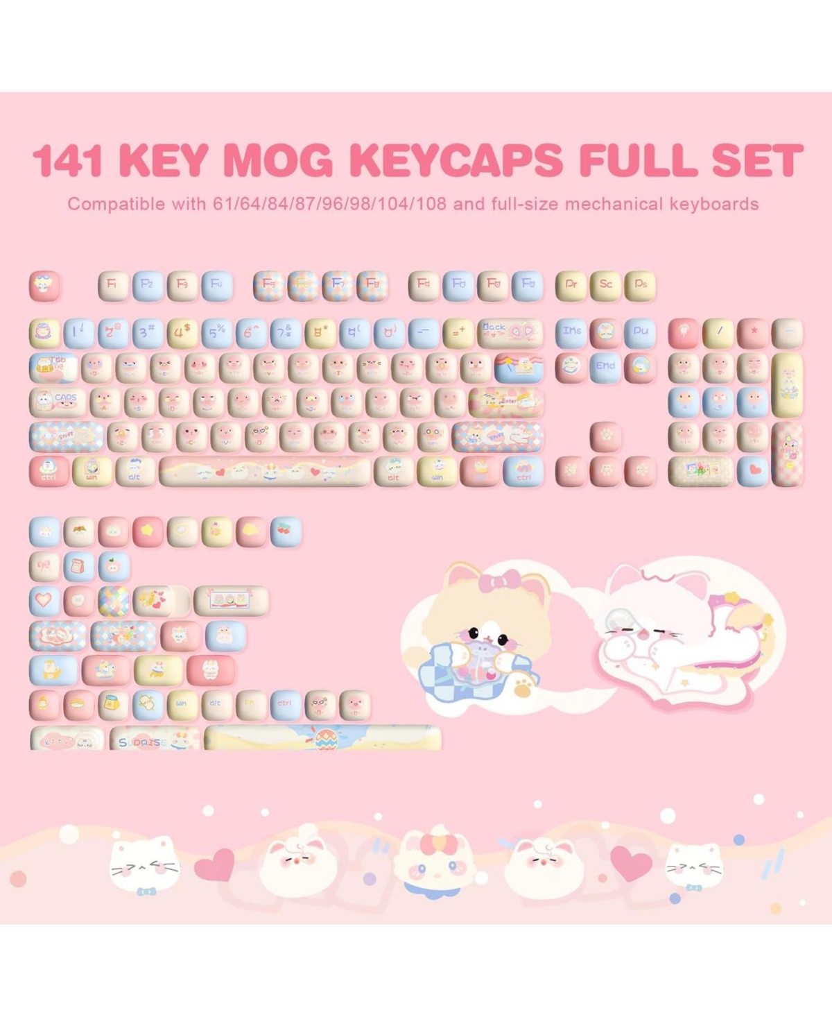 Ipason Cute Kitten Pbt Mog Profile Keycap Set Compatible with Mx Switches