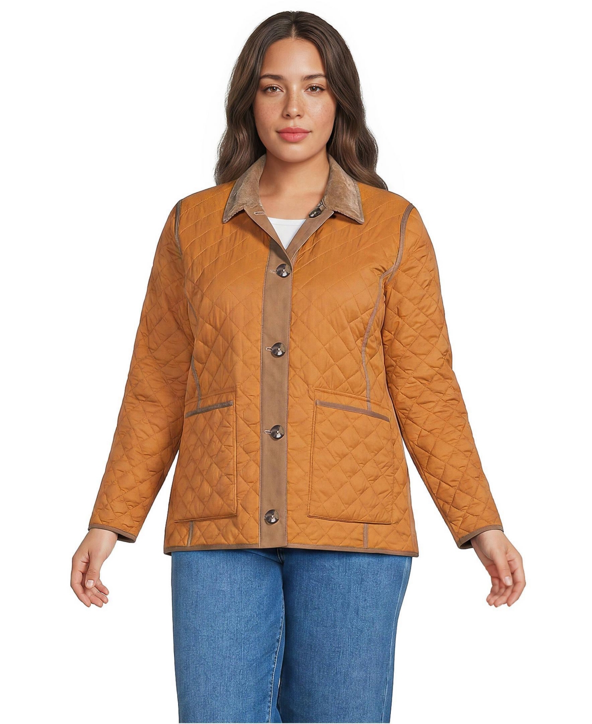 Lands' End Plus Size Print Reversible Barn Quilted Insulated Jacket - Orange ginger/plaid