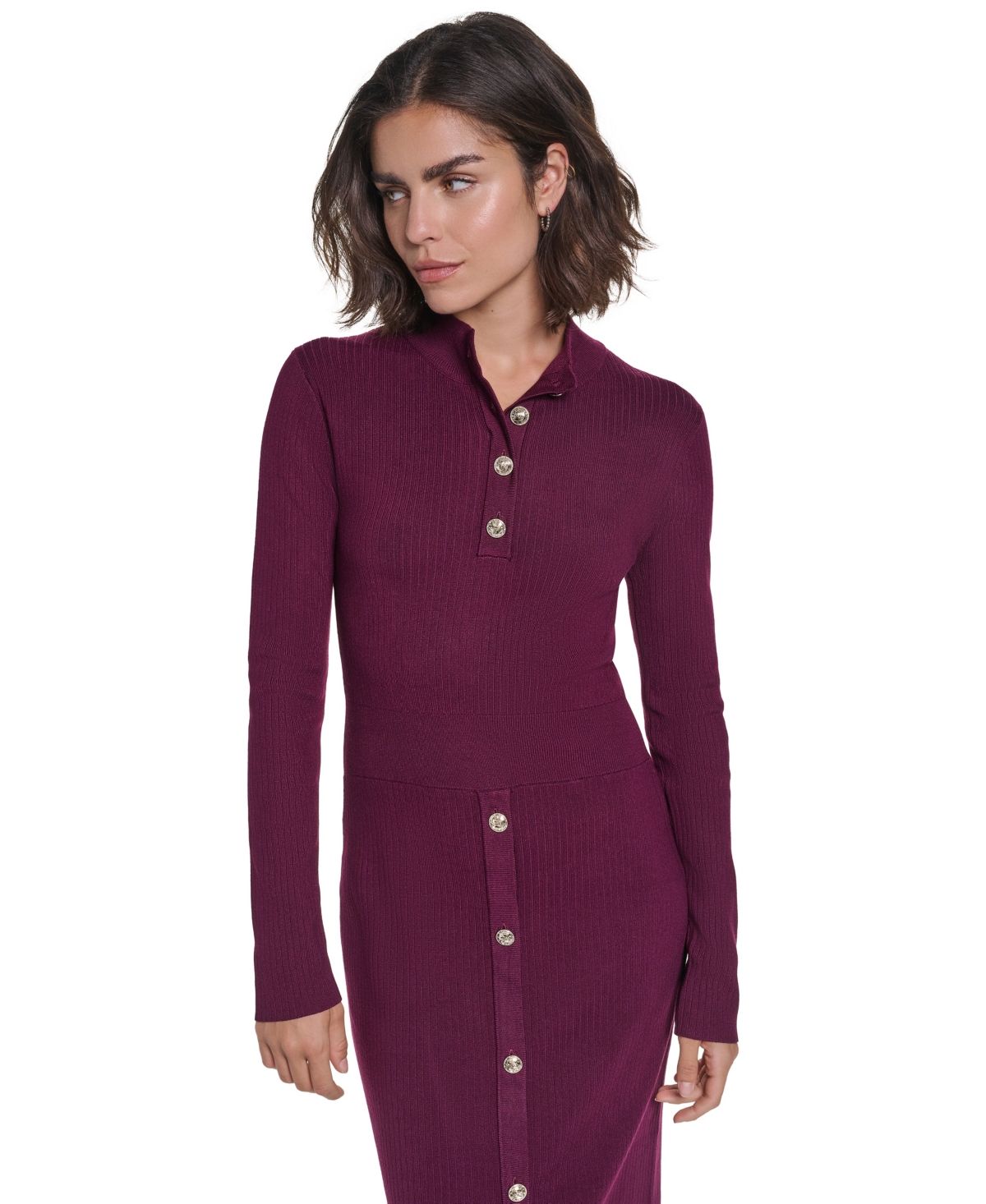 Karl Lagerfeld Paris Women's Mock Neck Midi Button Front Sweater Dress
