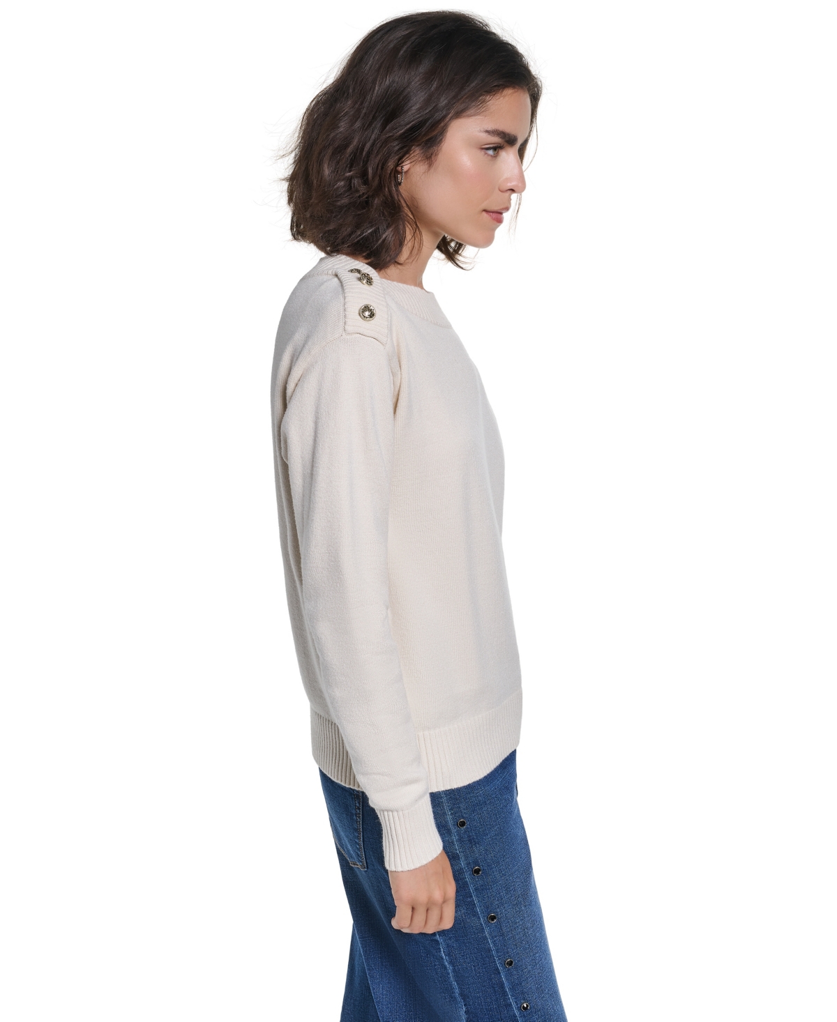 Karl Lagerfeld Paris Women's Button Shoulder Boat Neck Long-Sleeve Sweater