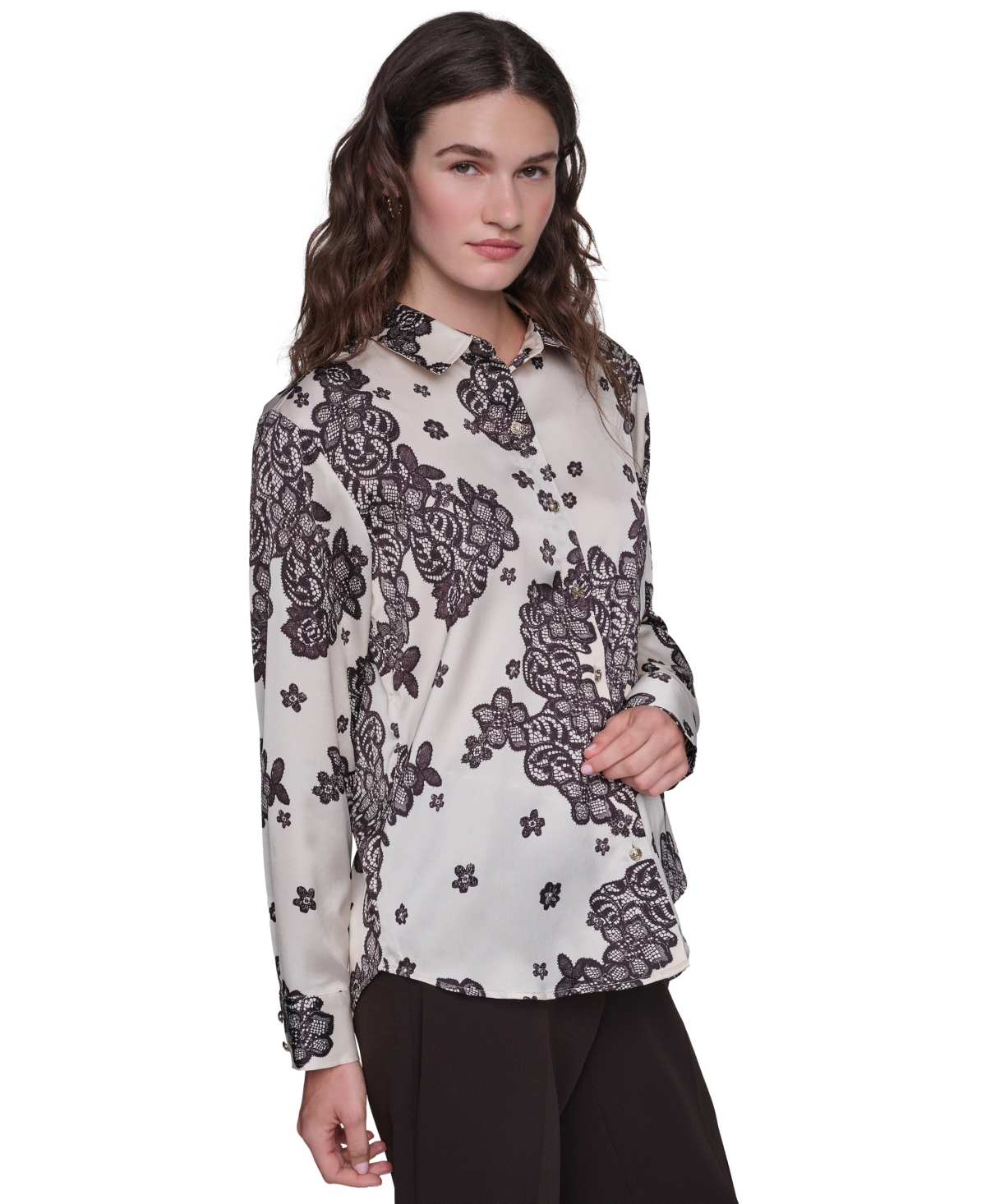 Karl Lagerfeld Paris Women's Long-Sleeve Printed Collared Blouse