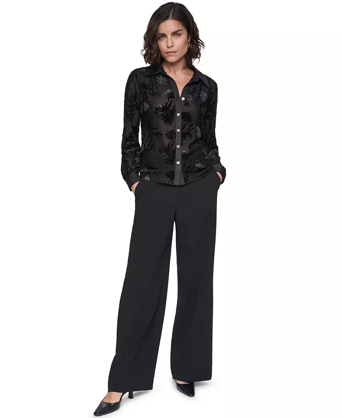 Women's Long-Sleeve Collared Burnout-Floral Blouse - thumbnail 2