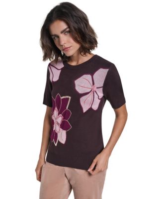 Women's Floral-Print Short-Sleeve Embellished Sweater
