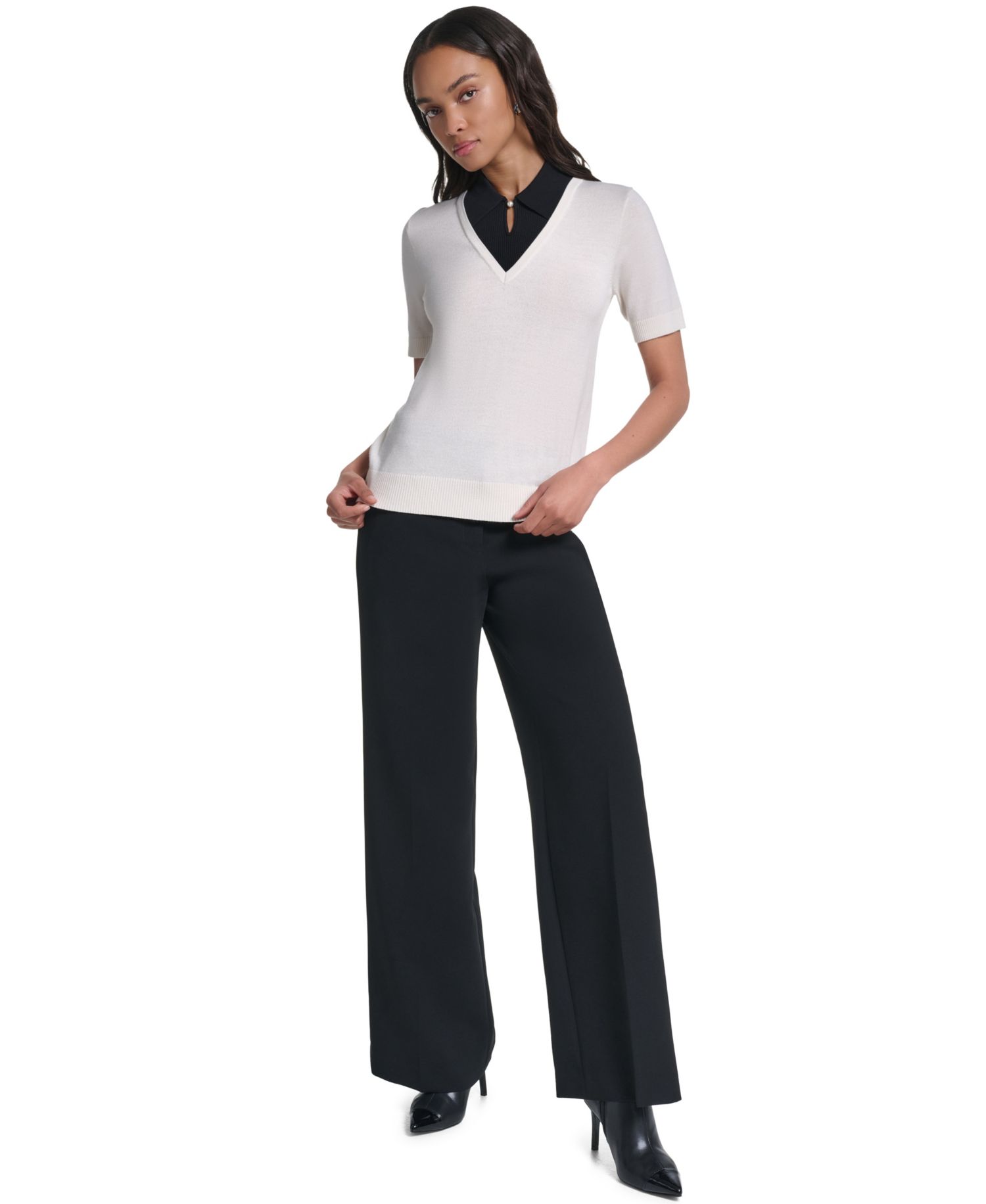 Women's Merino Wool-Blend Short-Sleeve V-Neck Sweater
