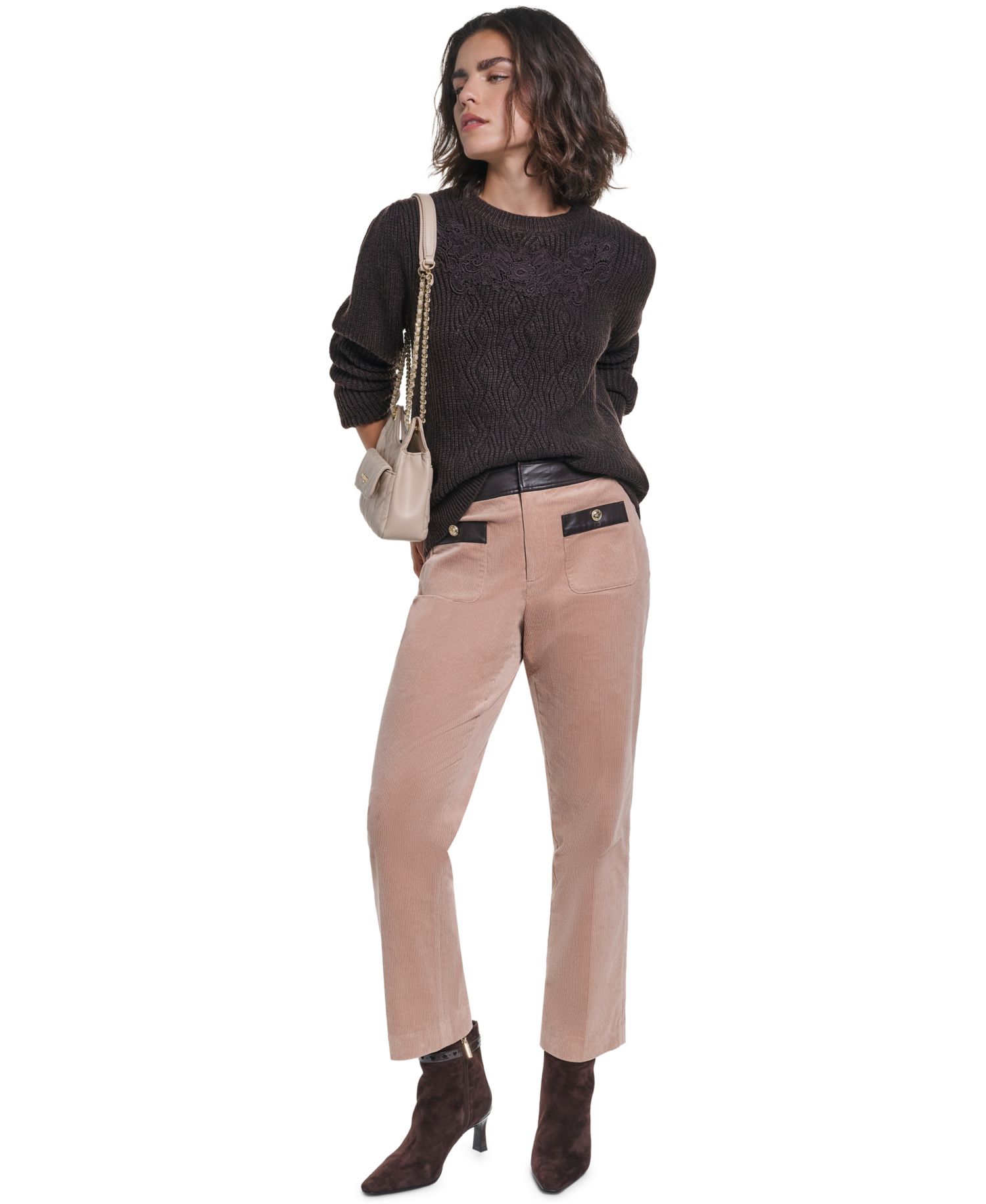 Women's Cable-Knit Floral Lace Applique Sweater