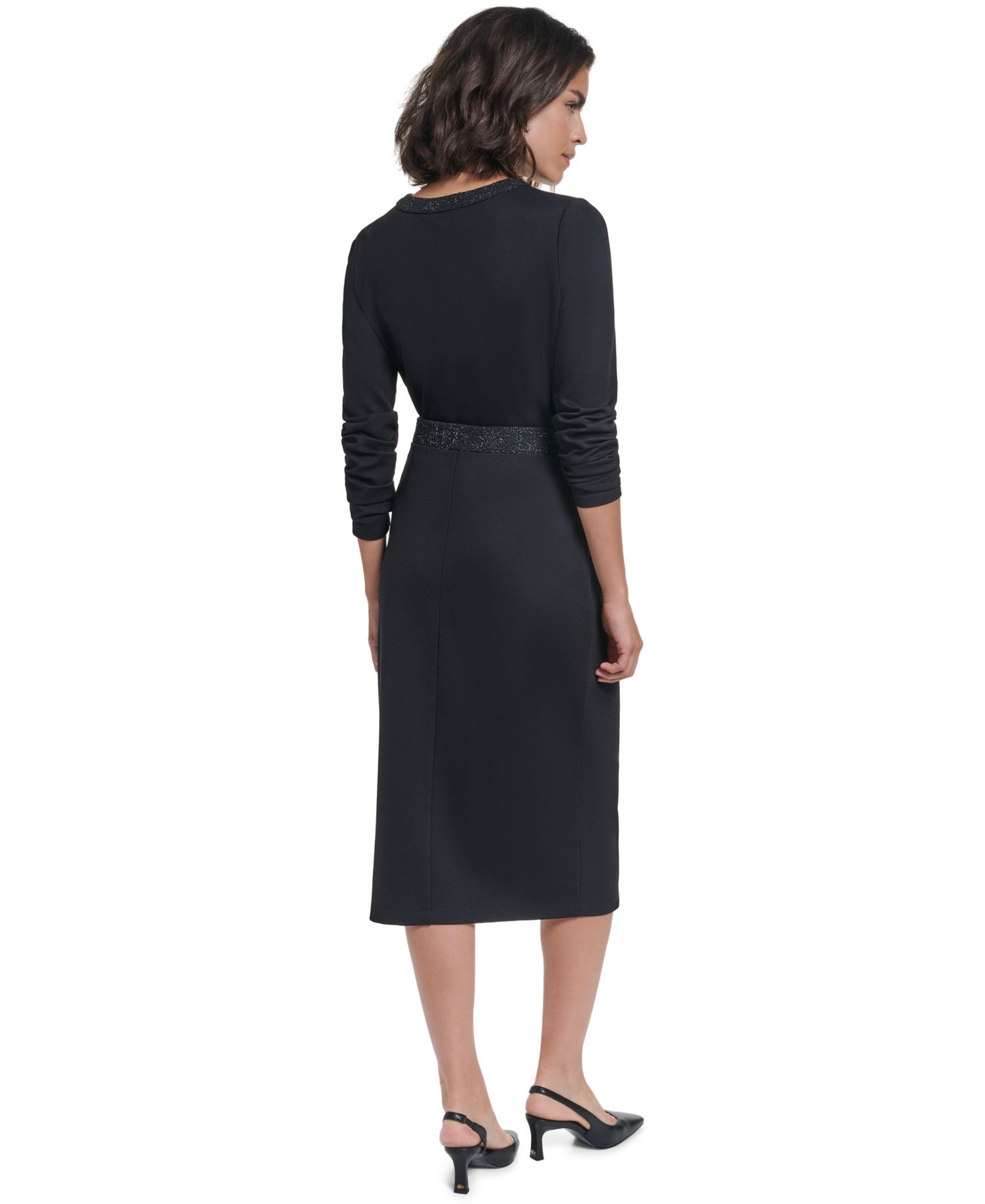 Women's Long-Sleeve Crewneck Button-Pocket Blouse and Midi Pencil Skirt