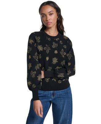 Women's Metallic-Leaf Print Crewneck Sweater