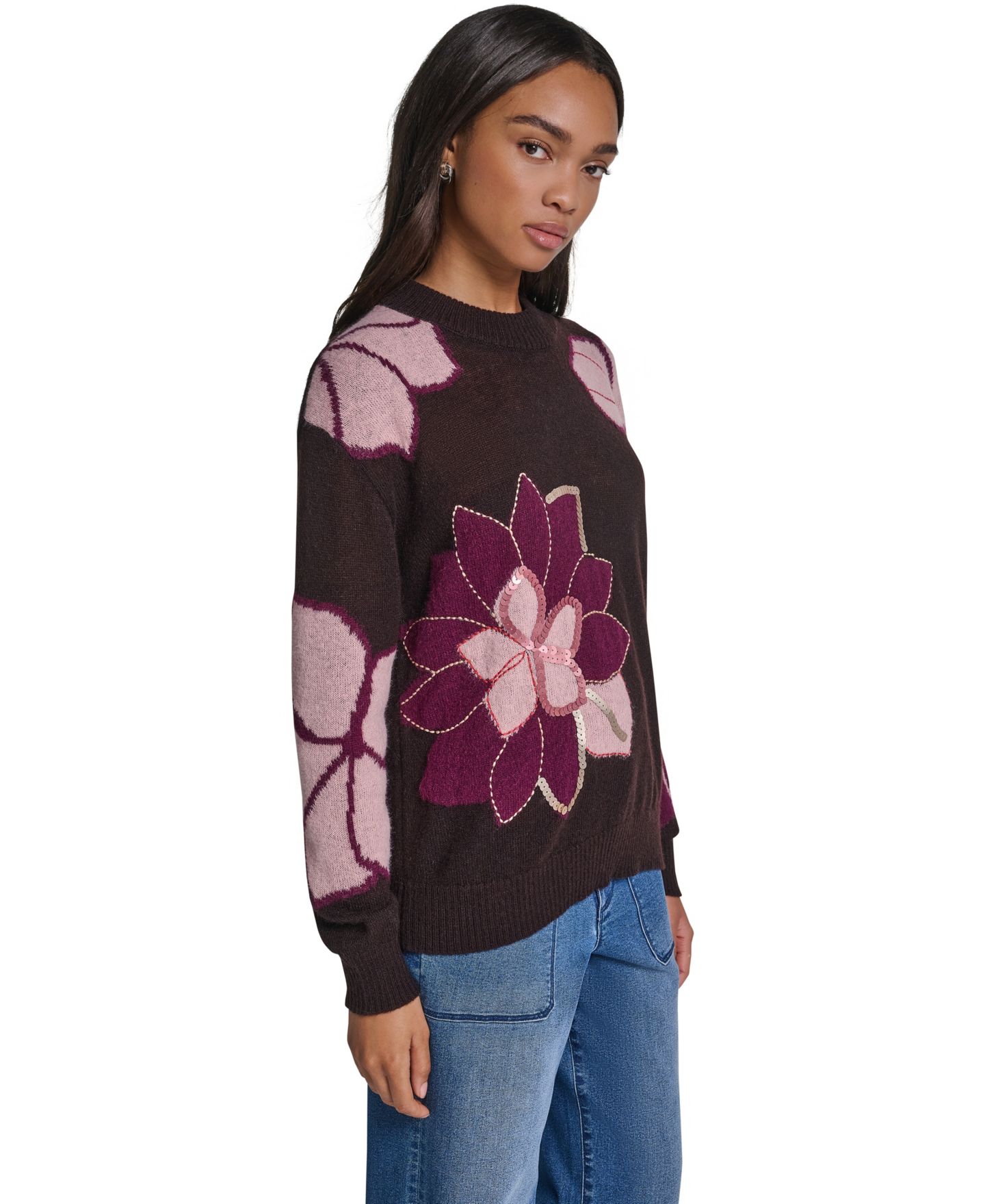 Женский свитер KARL LAGERFELD PARIS Big Flowers Floral-Print Sequin Embellished, цвет: Шоколадный — фото 3