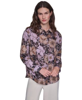 Women's Floral-Print Long-Sleeve Point-Collar Blouse