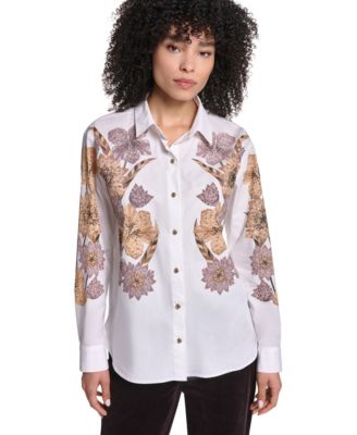 Women's Floral-Print Long-Sleeve Hotfix Rhinestone Blouse