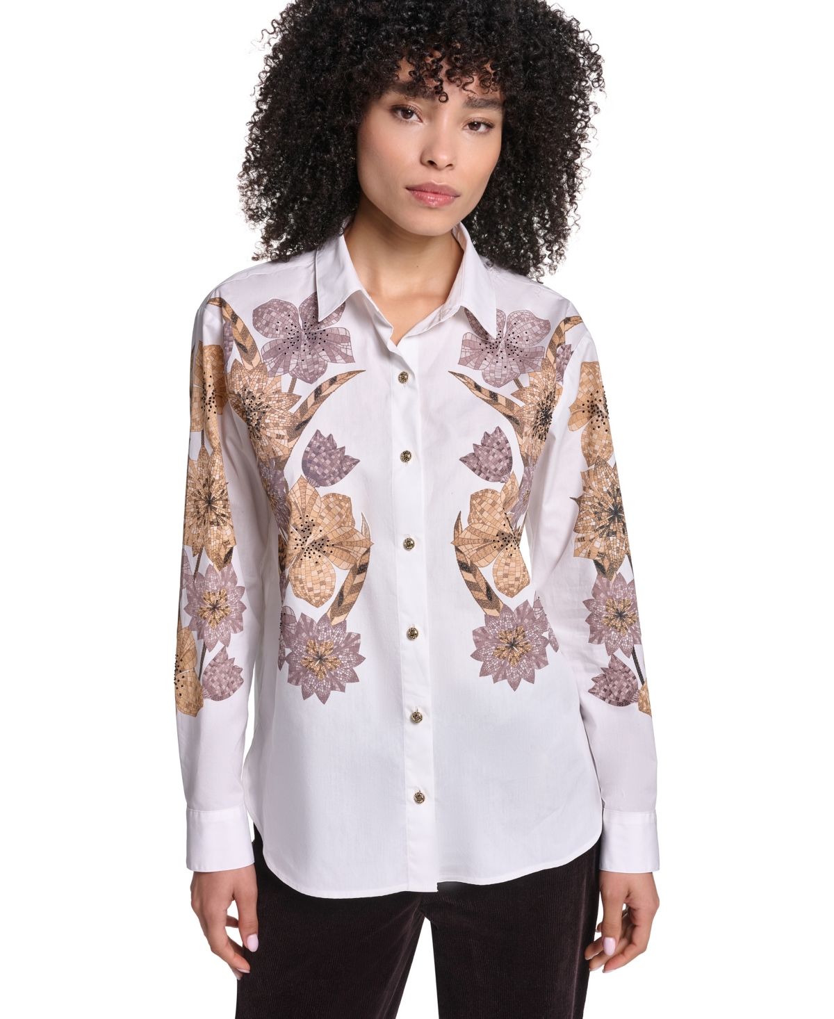 Karl Lagerfeld Paris Women's Floral-Print Long-Sleeve Hotfix Rhinestone Blouse - White
