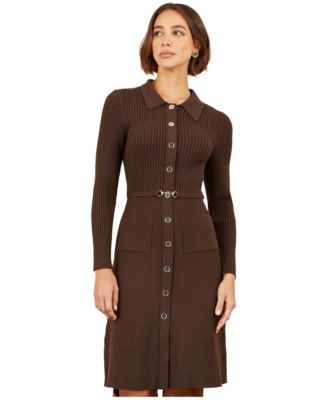Women's Ribbed-Knit Belted Midi Shirt Dress
