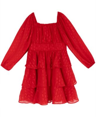 Girls' 7-16 Long-Sleeve Square-Neck Tiered Dress
