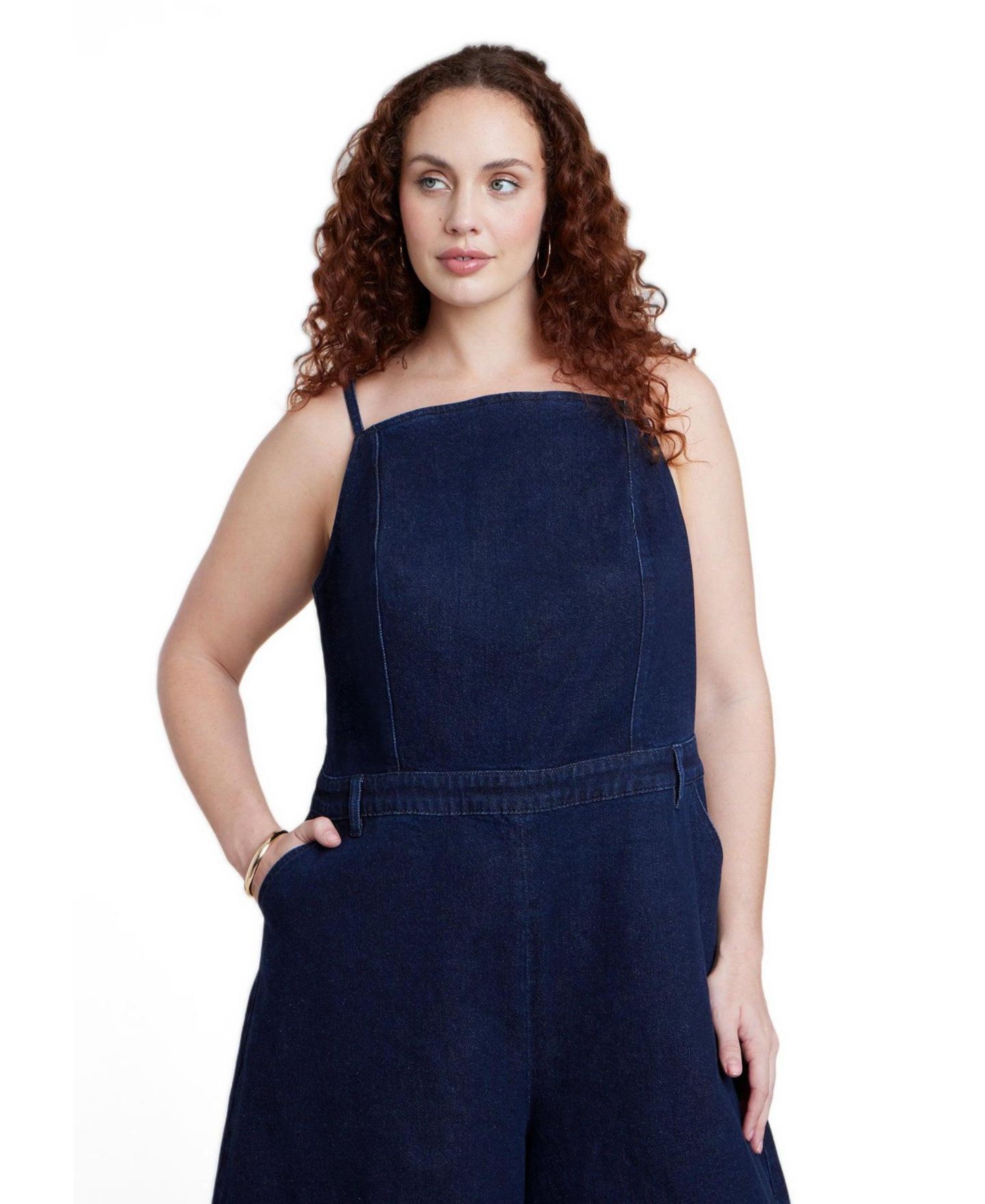 Женский комбинезон ELOQUII Plus Size Square Neck Wide-Leg Denim Jumpsuit, цвет: Тёмная варка — фото 3