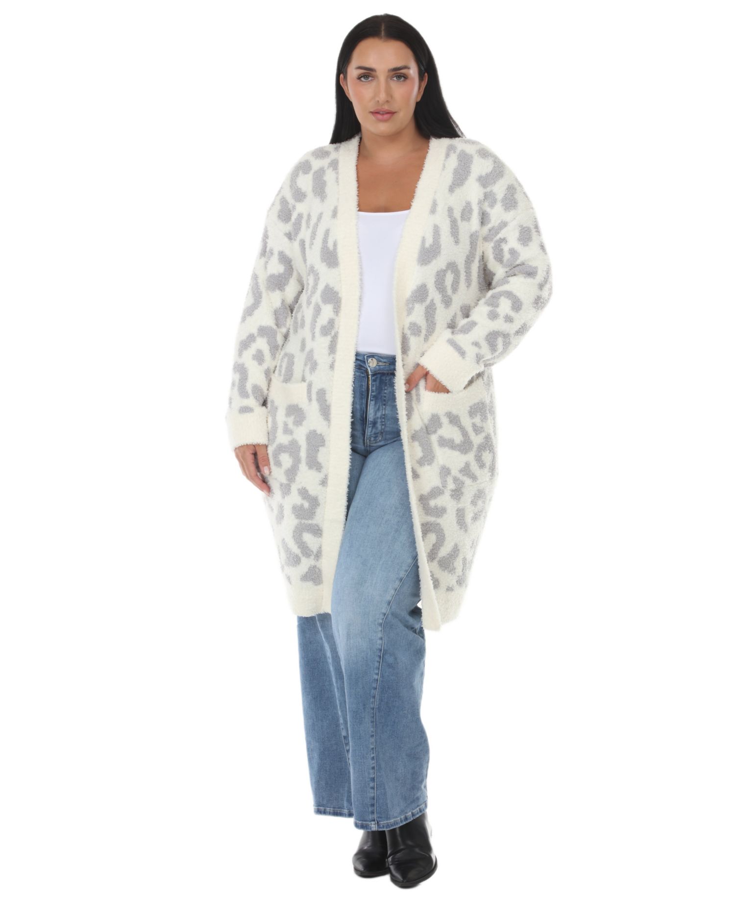 Plus Size Leopard-Print Sherpa Open-Front Cardigan Sweater