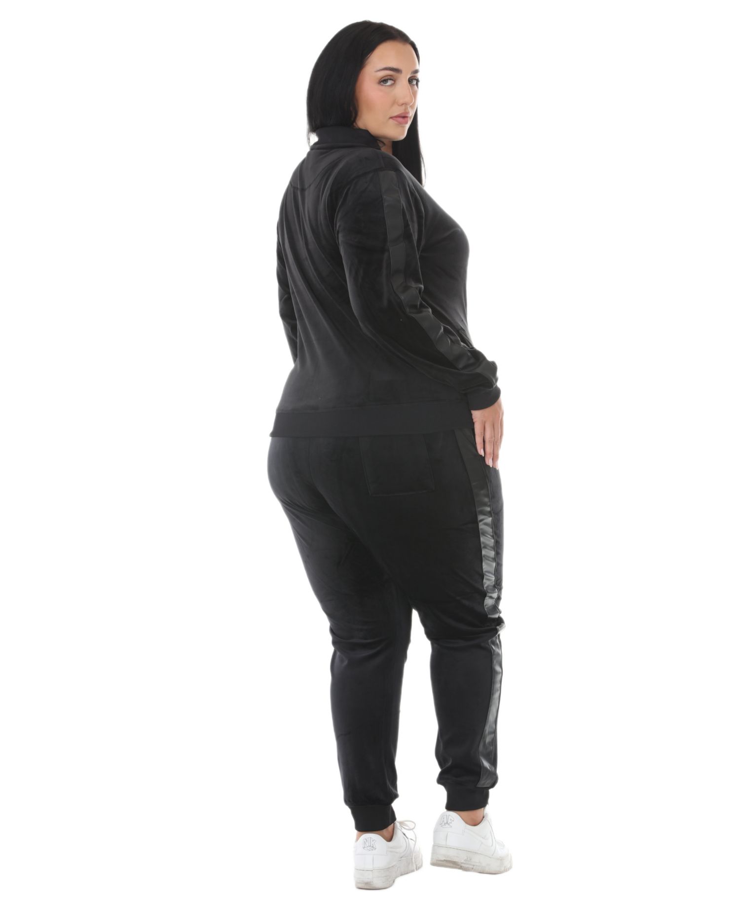 Plus Size Full-Zip Ribbed Velour Side-Stripe Top and Joggers, 2-Piece Set