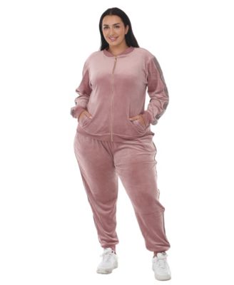 Plus Size Full-Zip Ribbed Velour Side-Stripe Top and Joggers, 2-Piece Set