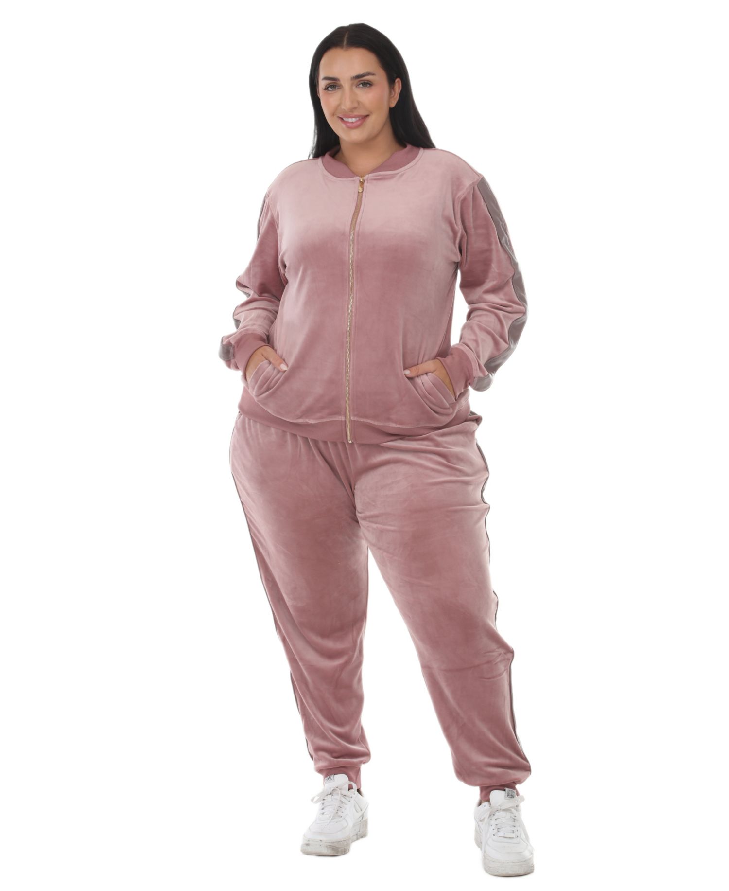 Plus Size Full-Zip Ribbed Velour Side-Stripe Top and Joggers, 2-Piece Set