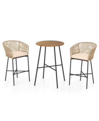 3-Piece Rope Woven Patio Bar Set with Cushions and Acacia Wood Tabletop