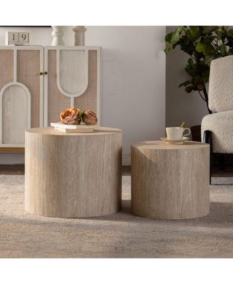 Nesting Coffee Table Set of 2, Round Wooden Center Table, Circle Accent Side Table for Living Room, Home Office