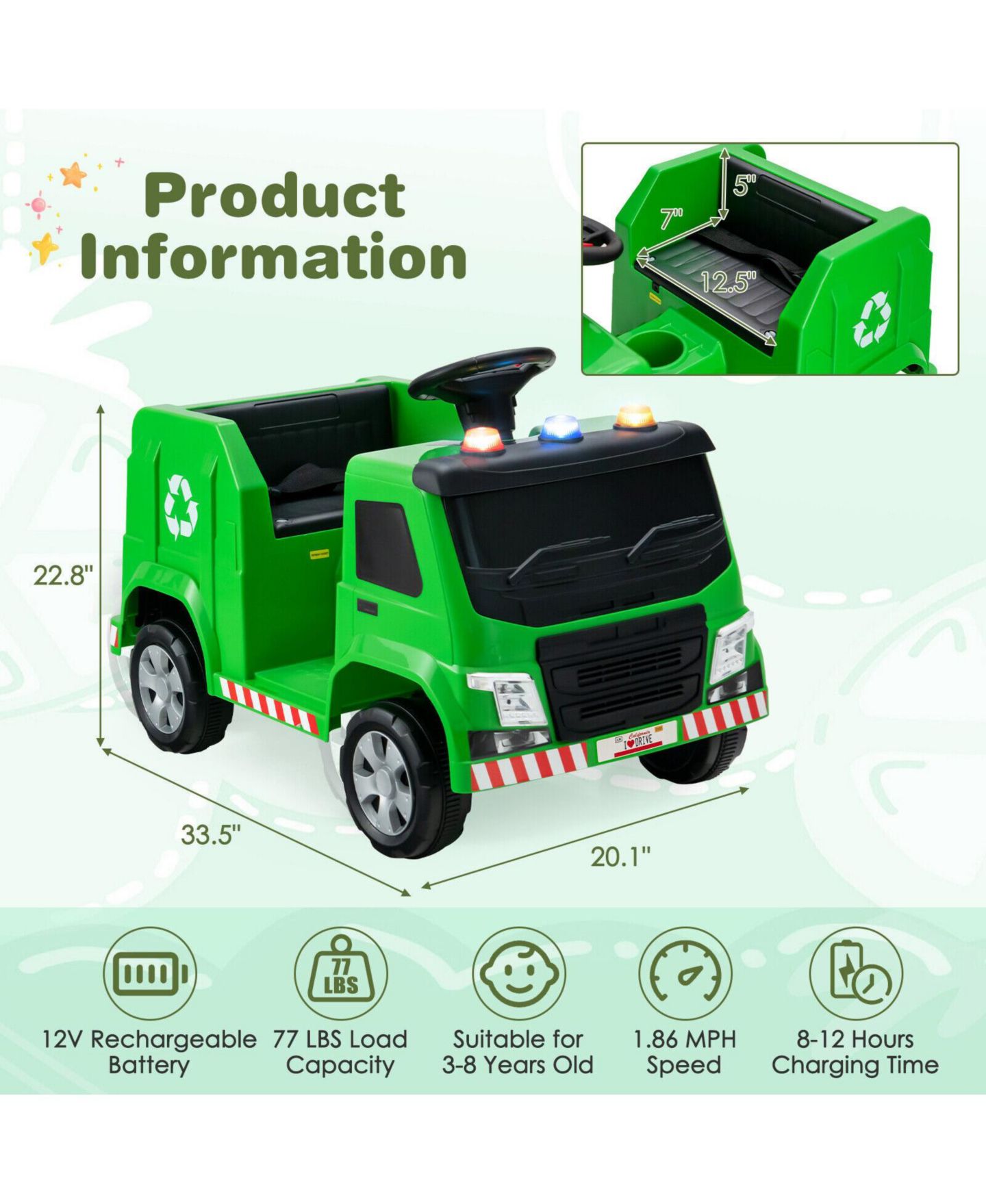 Детская игрушка Volenca 12V Garbage Truck Remote Control Ride-On with Warning Lights, Up to 77 lbs, Ages 3-8, цвет: Зелёный — фото 3