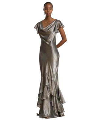 Women's Cowl Neck Floor-Length Ruffle-Trim Gown