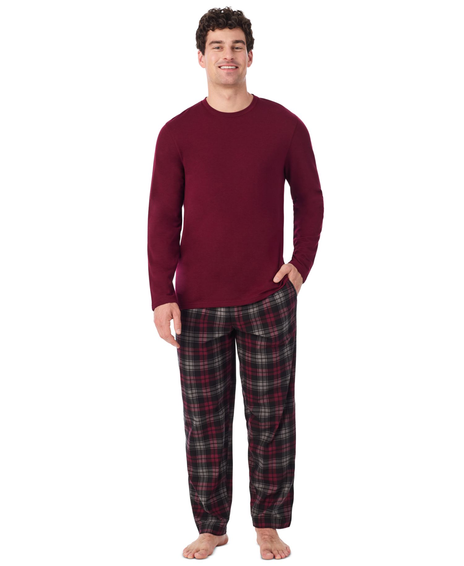 Men's Cozy Lodge Long-Sleeve Crewneck Plaid Top and Pajama Pants, 2-Piece Set