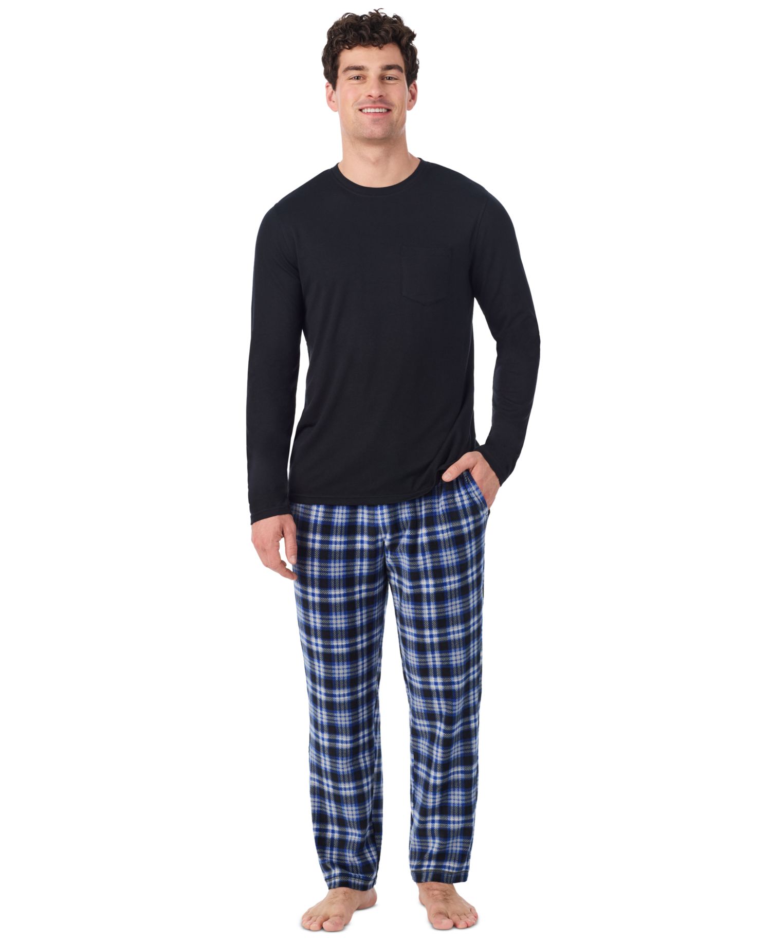 Men's Cabin Fleece Long-Sleeve Crewneck Pajama Top and Fleece Pants, 2-Piece Set