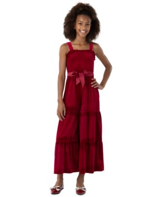 Girls' 7-16 Square-Neck Sleeveless Velvet Jumpsuit